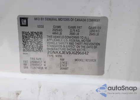 2018 Chevrolet Equinox Lt z USA, uszkodzony, nr VIN 2GNAXJEV9J6296842